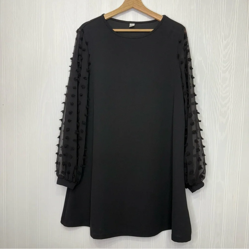 Black A-line midi dress with sheer mesh long sleeves size XL - Picture 3 of 10